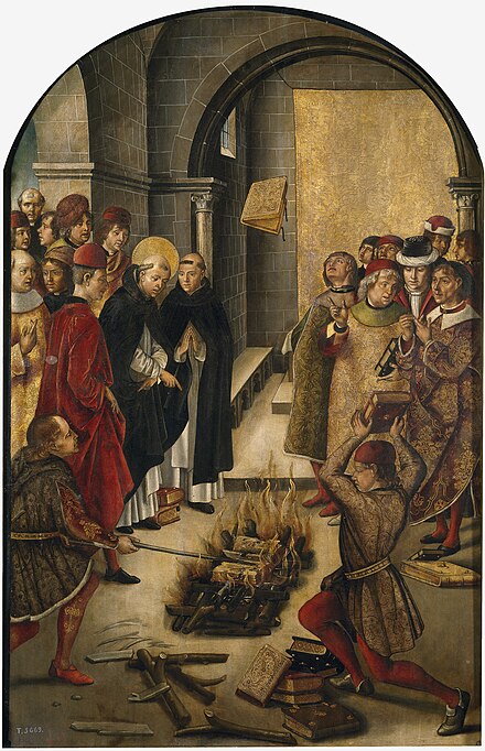 Painting by Pedro Berruguete portraying the story of a disputation between Saint Dominic and the Cathars (Albigensians), in which the books of both were thrown on a fire and Dominic's books were miraculously preserved from the flames.