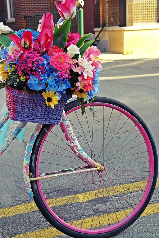 flowers in bicycle basket