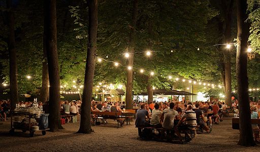 A beer garden in Munich at night