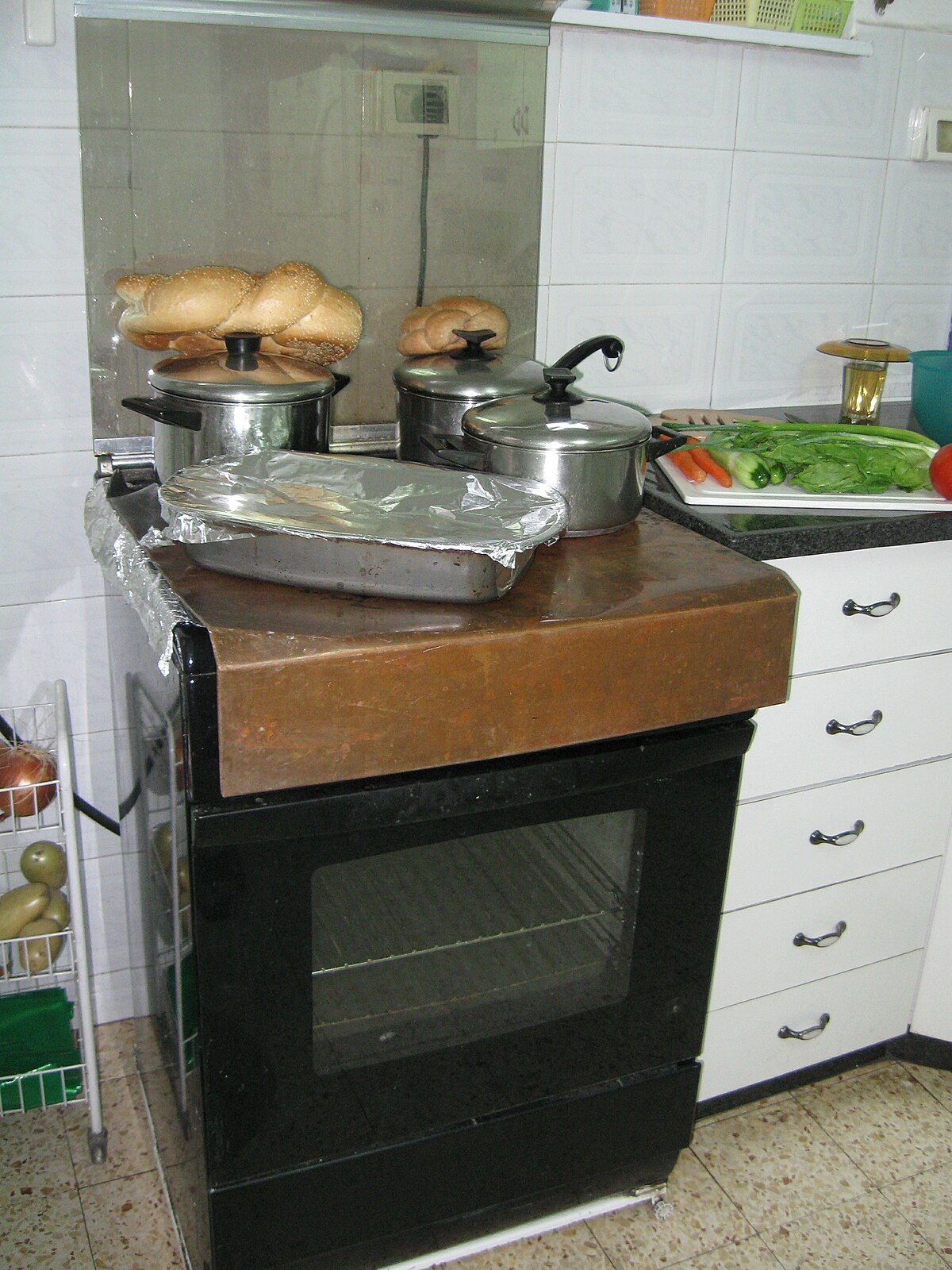 At home, I use a warming drawer to warm up the food on Shabbos (we don