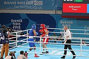 Deutsch: Boxen bei den Olympischen Jugendspielen 2018 Tag 12, 18. Oktober 2018 - Kampf um die Bronzemedaille im Fliegengewicht Mädchen – Timur Merjanow (Usbekistan, rot) schlägt Youssef Ali Karar Ali (Ägypten, blau) 5-0; Ringrichter ist Antonín Gaspar (Tschechien). English: Boxing at the 2018 Summer Youth Olympics on 18 October 2018 – Boy's heavyweight Bronze Medal Bout - Timur Merjanov (Uzbekistan, red) beats Youssef Ali Karar Ali (Egypt, blue) 5-0; Referee is Antonín Gaspar (Czech Republic). Español: Boxeo en los Juegos Olímpicos Juveniles de Verano de 2018 en 18 de octubre de 2018 - Medalla de bronce de peso pesado del muchacho: Timur Merjanov (Uzbekistán, roja) le gana a Youssef Ali Karar Ali (Egipto, azul) 5-0; El árbitro es Antonín Gaspar (Republica checa).