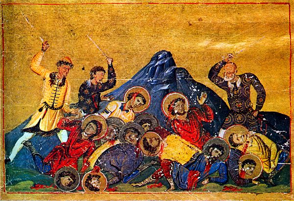 Menologium. Bulgarian pagans killing the Christians (Byzantines)