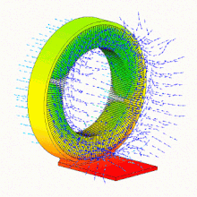This 120 mm diameter vapor chamber (heat spreader) heat sink design thermal animation was created using high-resolution CFD analysis and shows temperature contoured heat sink surface and fluid flow trajectories predicted using a CFD analysis package CFD Vapor Chamber Heat Sink Design v1.gif