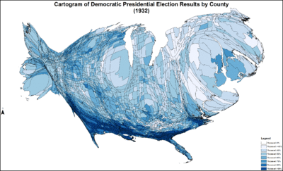 Cartogram of Democratic presidential election results by county