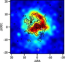 Chandra image of NGC 5846 with superimposed contours of Ha+[N ii] emission. White crosses mark the detected CO cloud positions. Chandra image of NGC 5846 with Ha+Nii contours.jpg