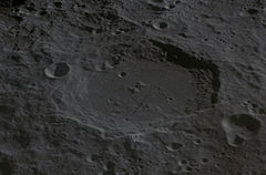 Oblique photo of Chaplygin from Apollo 13, facing south Chaplygin crater AS13-62-8912.jpg