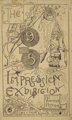 The 9 by 5 catalogue, designed by Conder, shows a female as an allegory of art being unraveled from the bandages of 'Convention'. The exhibition's the