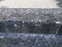 Fotografia colorida de um grande bloco de pedra sobre o qual uma régua colocada fornece a escala.