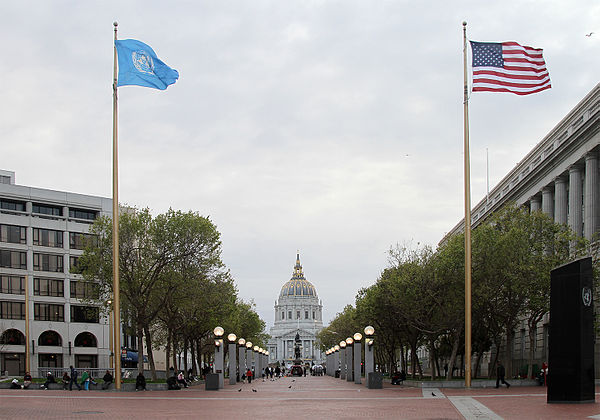 San Francisco Civic Center, looking west along UN Plaza to City Hall