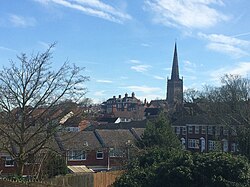 The church towers over Coleshill and can be seen from as far away as Chelmsley Wood Coleshill, Warwickshire skyline.jpg