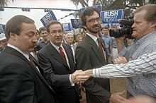 Buchanan, campaigning in Tallahassee, Florida, for the 1992 Republican Party presidential nomination Conservative politician Pat Buchanan at the Capitol in Tallahassee, Florida.jpg