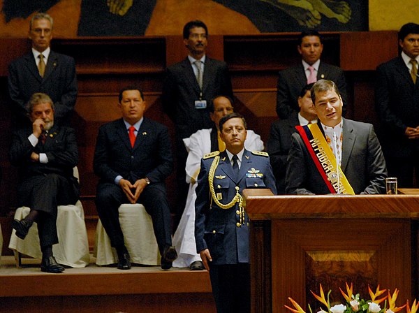 Rafael Correa during his inaugural speech as president of Ecuador