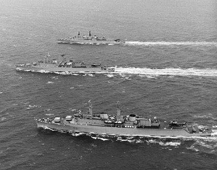 (Front to back) HMS Norfolk, London, and Antrim in the English Channel following joint exercises with the RAF in December 1971. Charles was serving aboard the Norfolk at this time.