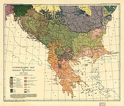 Cvijic, Jovan - Breisemeister, William A. - Carte ethnographique de la Péninsule balkanique (pd).jpg