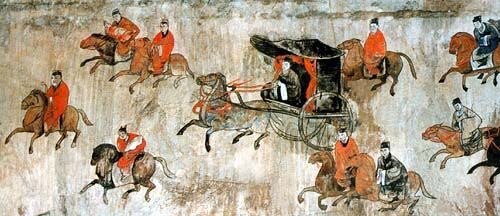 A mural showing chariots and cavalry, from the Dahuting Tomb of the late Eastern Han Dynasty (25–220 CE), located in Zhengzhou, Henan province, China