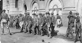 More than 700 federal troops were deployed to Denver after the first week of the tramway strike. DenverTramwayStrike1920FederalForces.jpg