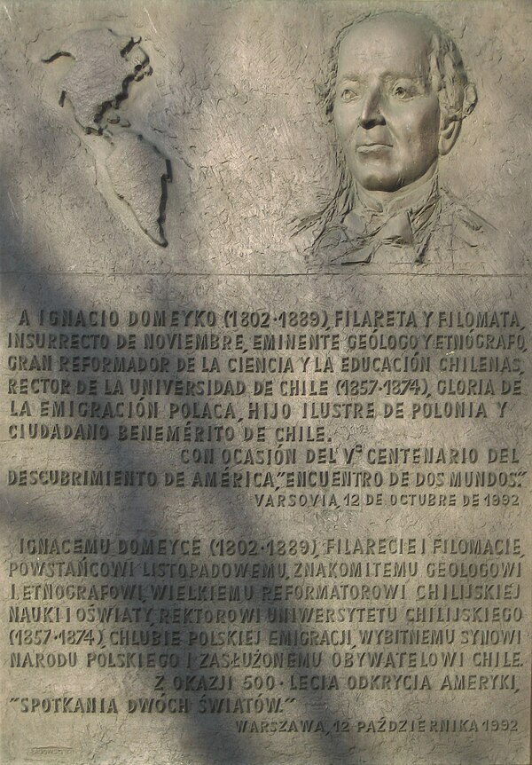 Plaque commemorating the "distinguished son of the Polish nation and eminent citizen of Chile"