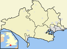 Map of Dorset with Lytchett Bay southeast of the centre. Dorset outline.png