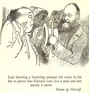 Lear self-portrait, illustrating a real incident when he encountered a stranger who claimed that "Edward Lear" was merely a pseudonym. Lear (on the right) is showing the stranger (left) the inside of his hat, with his name in the lining.