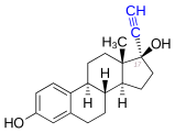 Die Einführung einer Ethinylgruppe (blau) am C-17 von Steroidhormonen (z. B. Ethinylestradiol) verlangsamt deren metabolischen Abbau