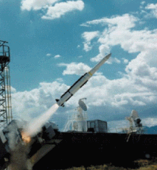 An ESSM launching. Note the enlarged engine section. Evolved Sea Sparrow Missile.gif
