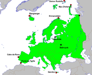Extreme points of Europe and two of its geographic centres: the Saaremaa island in western Estonia, and Babruysk in Belarus. Extreme points of Europe.png