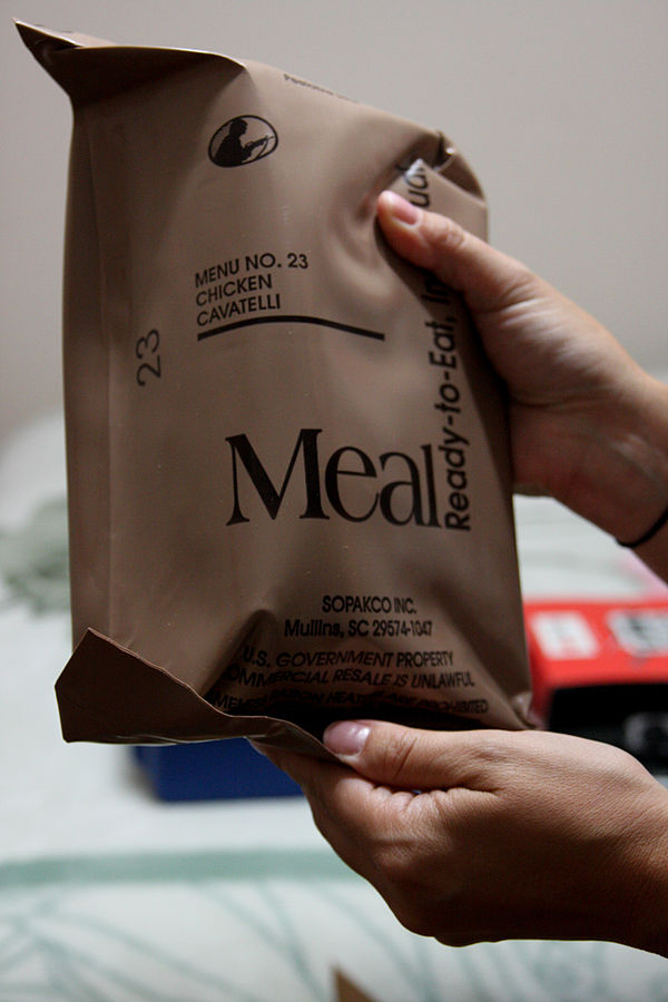 A Meal, Ready-to-Eat (MRE), a field ration that prominently uses a retort pouch as packaging