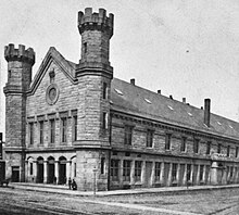 Fitchburg depot, Boston, sometime between 1870 and 1889. One of these towers later became the Jenny Lind Tower. Fitchburg Railroad terminal from stereo card.jpg