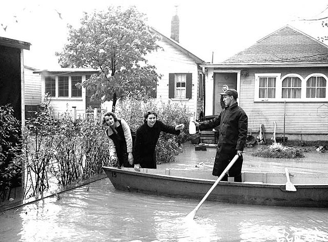 The Humber River saw water levels rise significantly after Hurricane Hazel. The resulting flood devastated nearby residences on Raymore Drive.