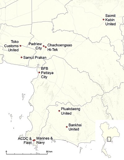 Locations of the 2024–25 Thai League 3 Eastern Region clubs