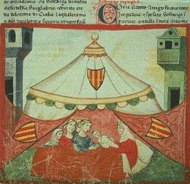 The birth of Frederick on the market square of Jesi from the Nuova Cronica, Biblioteca Apostolica Vaticana, ms. Chigi L. VIII.296 (cat. XI.8)