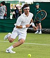 Gastão Elias competing in the first round of the 2015 Wimbledon Qualifying Tournament at the Bank of England Sports Grounds in Roehampton, England. The winners of three rounds of competition qualify for the main draw of Wimbledon the following week