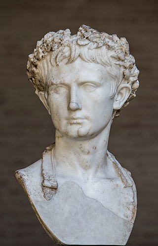 Augustus Bevilacqua, white marble statue of the Roman emperor with civic crown, in Glyptothek Munich