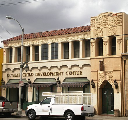 The historic Spanish Colonial Revival style Golden State Mutual Insurance Building, built 1928.