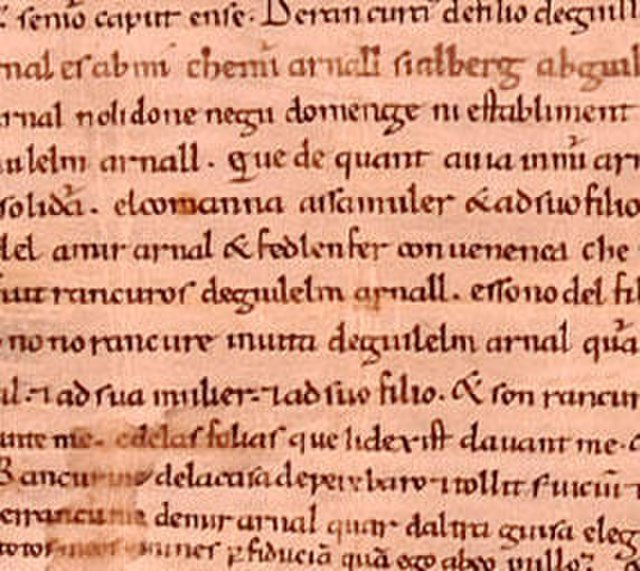 Fragment of the Greuges de Guitard Isarn (c. 1080–1095), one of the earliest texts written almost completely in Catalan, predating the famous Homilies