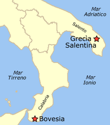 Mappa che mostra le aree del Grecanico (la Vallata della Amendolèa) e del Greco Salentino (il Salento).