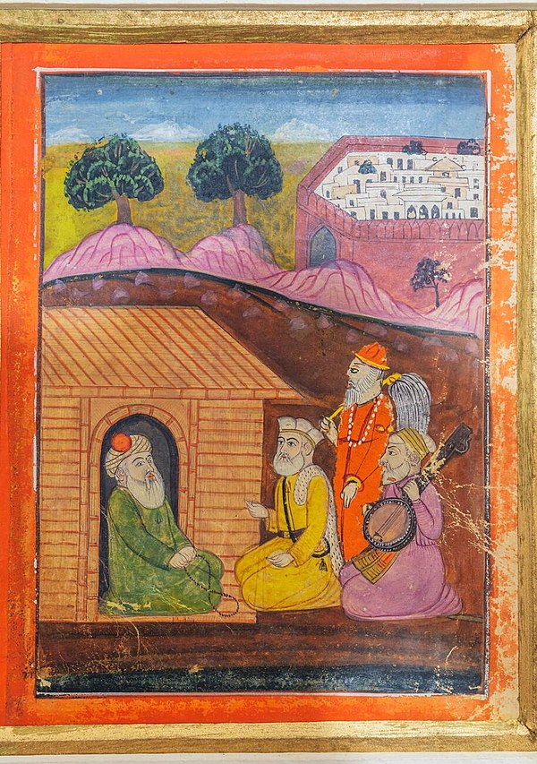 Guru Nanak (wearing yellow) conversing with Qazi Ruknuddin (wearing green), painting from an 1830's Janamsakhi (life stories). Qazi Ruknuddin is belie