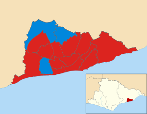 Map of the results of the 2012 Hastings council election. Labour in red and Conservatives in blue. Hastings UK local election 2012 map.svg