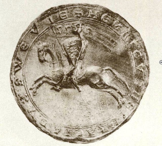Henry's seal (dated 1216) shows him as a mounted knight with a shield and banner displaying three leopards (three lions passant guardant [or reguardan