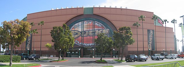 A panorama of Honda Center's exterior