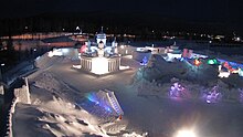 A view from the Great Wall slide towards Helsinki Cathedral in Levi ICIUM 2010-2011 Icium night view.jpg