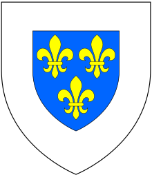 Inescutcheon "of the Honour and Manor of Woodstock", granted by royal warrant in 1722 as an augmentation of honour to the coat of arms of John Churchill, 1st Duke of Marlborough, and borne at his funeral. By a further royal licence in 1817 it was added as an augmentation to the arms of the Dukes of Marlborough. Cross of St George surmounted by the royal arms of France Inescutcheon Of HonourAndManor Of Woodstock.svg