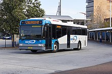 Bustech bodied Volvo B7RLE in old livery at Liverpool station in July 2013 Interline Bus Services (mo 5269) Bustech 'VST' bodied Volvo B7RLE departing Liverpool Interchange.jpg