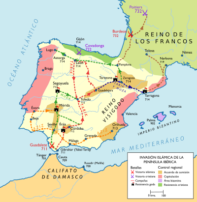 Sucesivas campañas durante la conquista de la península ibérica desde el 711 hasta la batalla de Poitiers, el final del avance de los árabes en el Norte