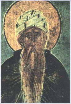 Detail miniatúry zobrazujúci Izáka Sýrskeho z kódexu Pôstných slov Izáka Sýrskeho (od majstra Gabriela zvaného aj Hriešny), okolo roku 1389, predtým Veľká lavra na Hore Athos, dnes Ruská štátna knižnica, Moskva