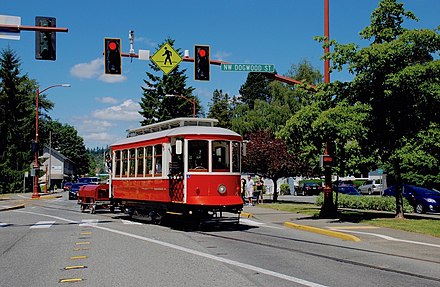 Issaquah Valley Trolley car crossing Front Street. Operation ceased in fall 2020.
