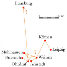 mapa: las localidades donde trabajaba Bach