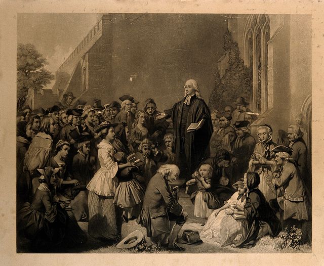 John Wesley preaching outside a church (19th-century engraving). Early Methodists were forbidden from preaching in parish churches.