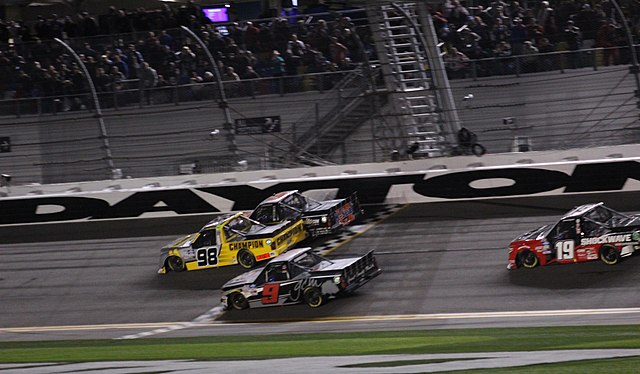 Grant Enfinger (No. 98) beating Jordan Anderson (No. 3), Codie Rohrbaugh (No. 9) and Derek Kraus (No. 19) to the finish in the 2020 race