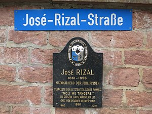 José-Rizal-Straße street sign and José Rizal historical marker in Wilhelmsfeld, Germany.jpg